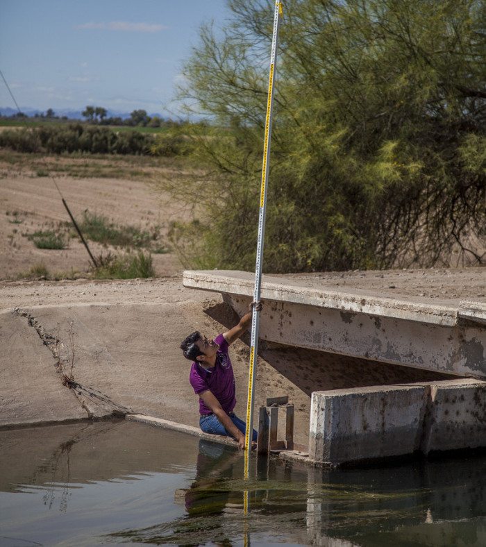 (ALL RIGHTS) May 2013. A University student measures the depth of water in an irrigation ditches. Irrigation ditches divert water from the Colorado River for cropland near Mexicali in Baja California, Mexico. Photo credit: © Erika Nortemann/TNC